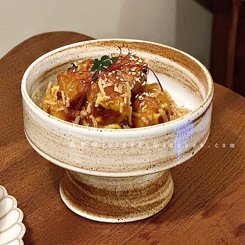 日式粗陶手工刷纹高脚小碗特色料理餐具复古高脚茶点点心碗甜品碗
