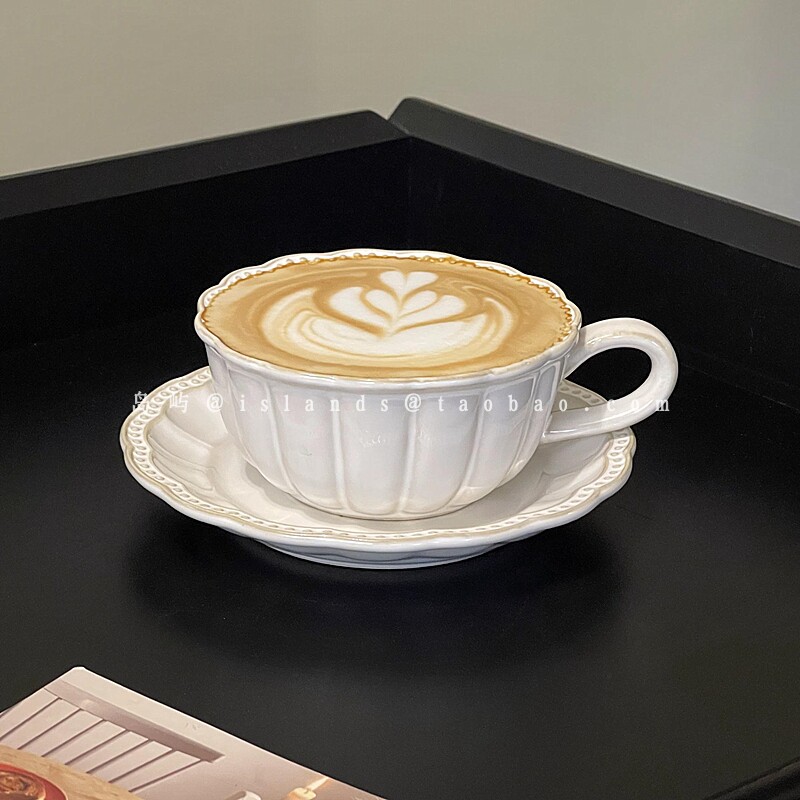 复古风窑变浮雕花边珠点陶瓷杯碟下午茶热拿铁拉花杯咖啡杯碟套装