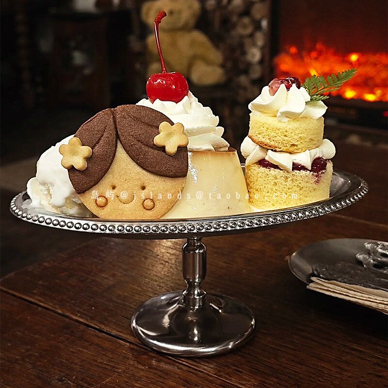 ins工业风不锈钢椭圆形高脚盘下午茶复古风珠点甜品蛋糕盘布丁盘