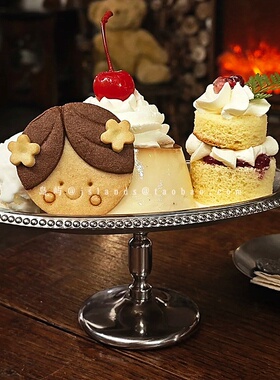 ins工业风不锈钢椭圆形高脚盘下午茶复古风珠点甜品蛋糕盘布丁盘
