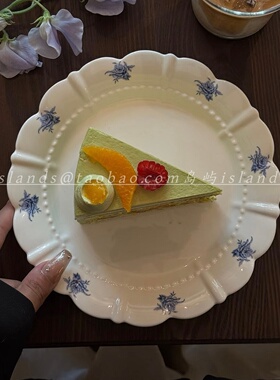 法式复古蓝玫瑰花瓣陶瓷浅盘家用早餐盘水果盘下午茶甜品盘蛋糕盘