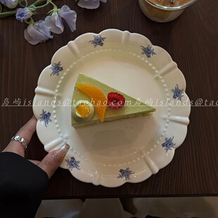 法式复古蓝玫瑰花瓣陶瓷浅盘家用早餐盘水果盘下午茶甜品盘蛋糕盘