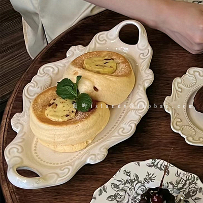 法式宫廷陶瓷浮雕双耳蛋糕盘