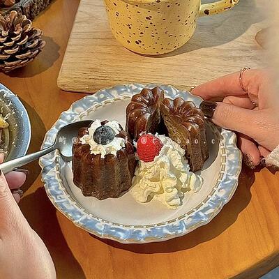 法式烟蓝花边陶瓷蛋糕盘