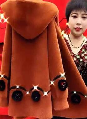 水貂绒外套妈妈装新款中老年女秋冬40到50岁针织加厚洋气连帽开衫