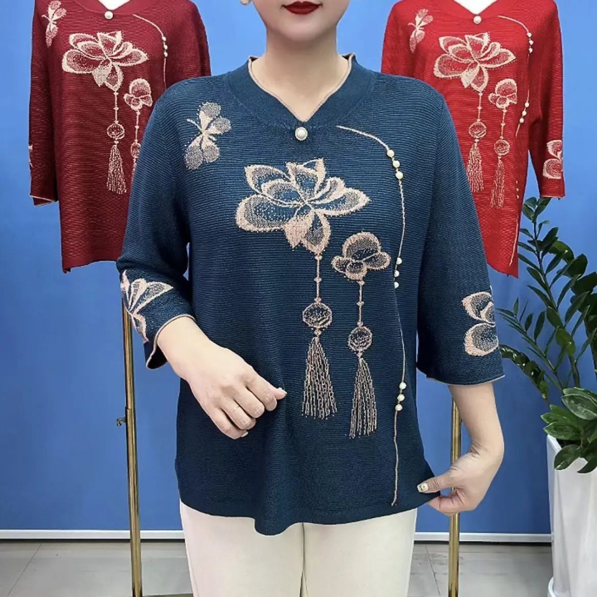 妈春夏装七分袖桑蚕丝恤