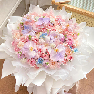 蝴蝶兰粉玫瑰混搭花束鲜花快递同城送女友生日北京上海深圳配送店