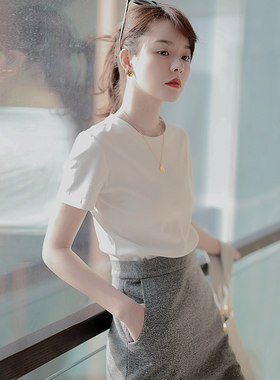 短袖t恤女2024年新款丝光棉双面夏装港风简约百搭修身白色上衣