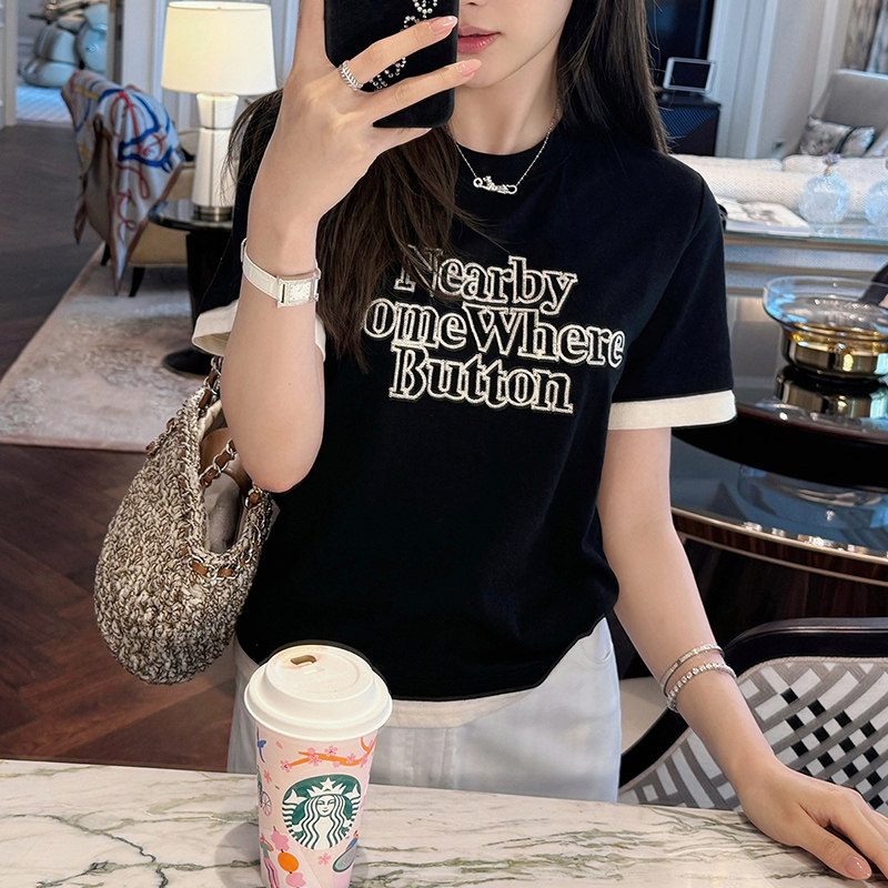 字母刺绣T恤女短袖时尚棉麻韩版圆领夏矮个子短款修身撞色袖上衣