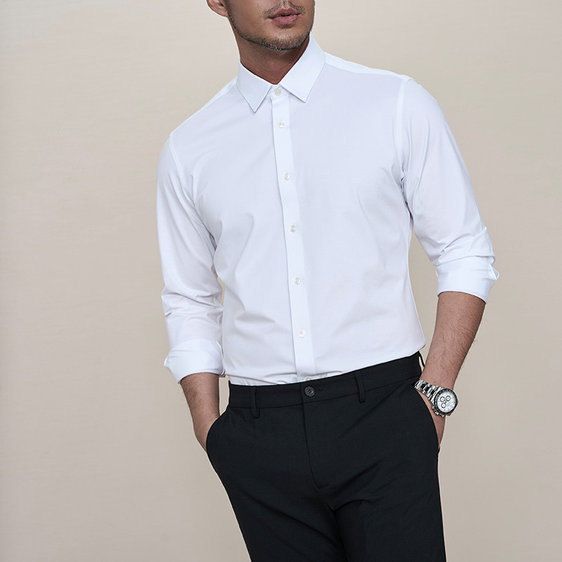 thumbnail for [Natural No-Iron 100 High Stretch Knitted Shirt] Small square neck slim body machine washable all season commuter shirt for men