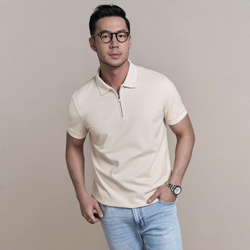 thumbnail for Feicheng [Pima Cotton Pique Ground Pattern] 2026 Spring/Summer Men's Temperament Zipper Ribbed Collar POLO Shirt Pullover T-Shirt