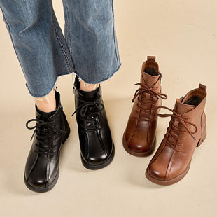 女士皮靴加绒加厚保暖妈妈大棉靴粗跟牛皮短靴薄绒单靴女款二棉鞋