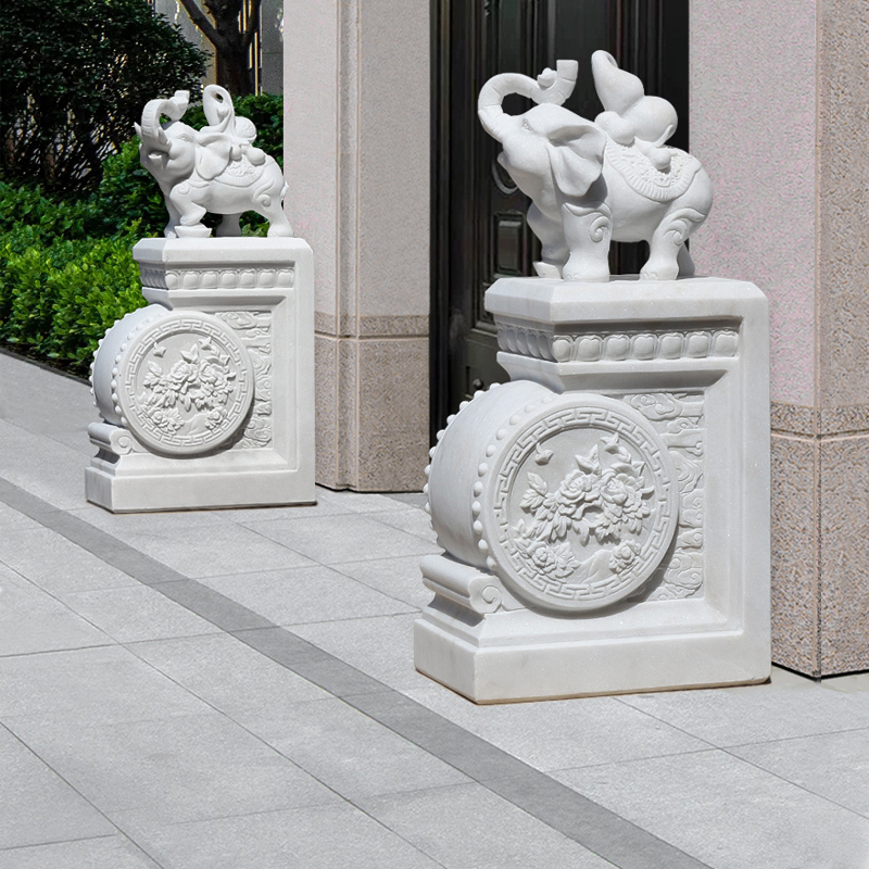 誉峰雕塑汉白玉手工精雕小象门墩