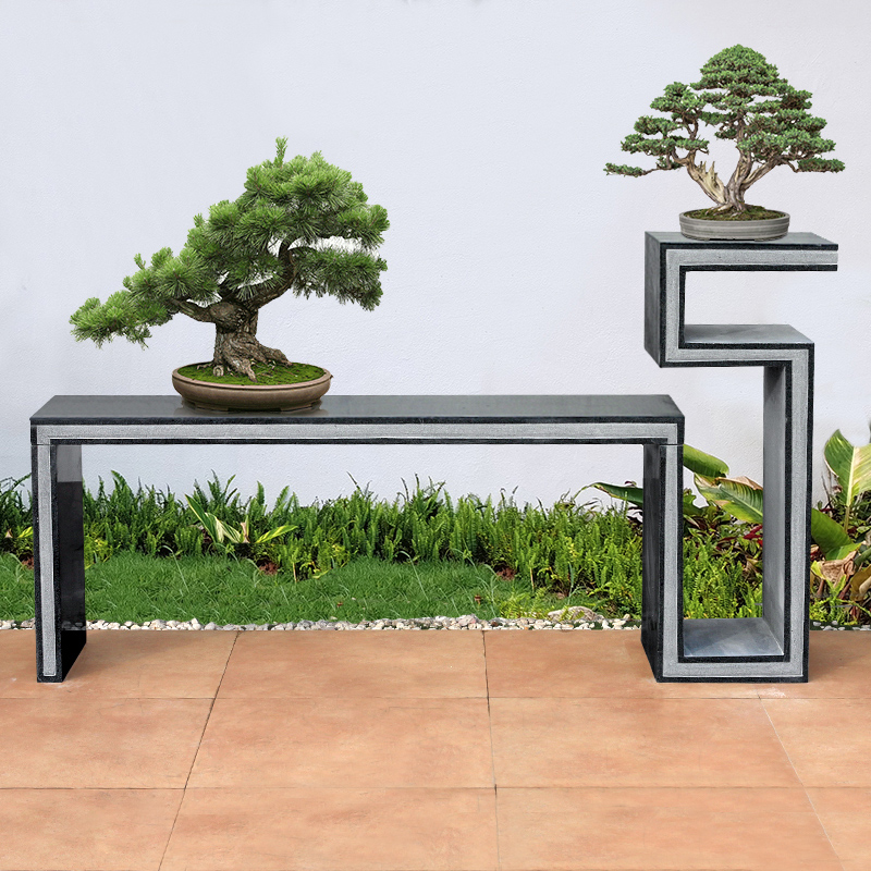 石雕花架芝麻黑石材盆景收纳台中式园林花岗岩条案桌庭院博古架子
