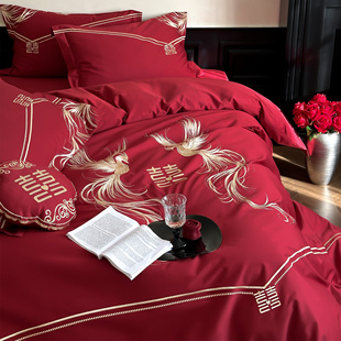 中式 凤凰双喜全棉刺绣婚庆四件套全棉红色陪嫁结婚房被套床单床品