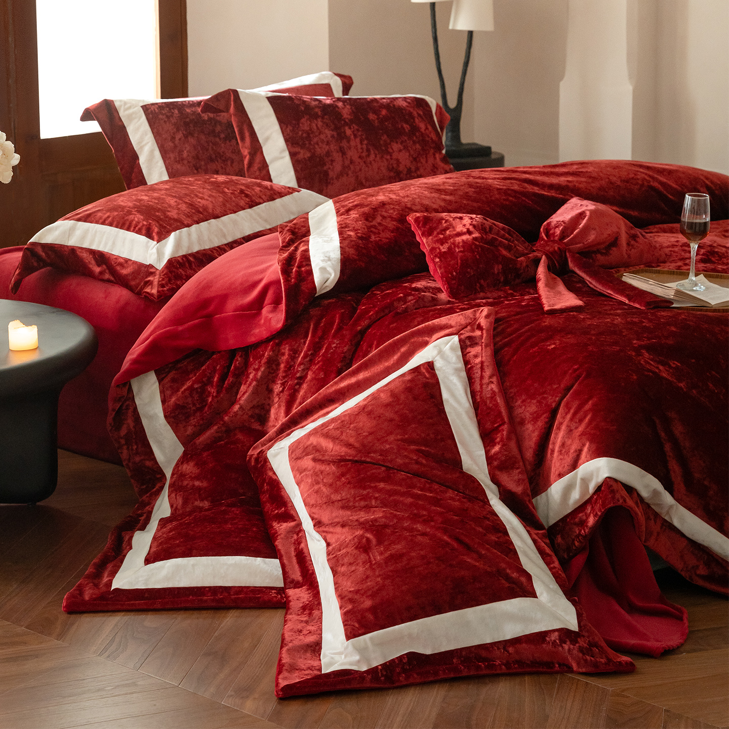 LANSWAY轻奢浪漫婚庆四件套冬季牛奶绒红色蝴蝶结婚被套床单床笠