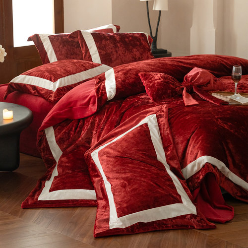 LANSWAY轻奢浪漫婚庆四件套冬季牛奶绒红色蝴蝶结婚被套床单床笠