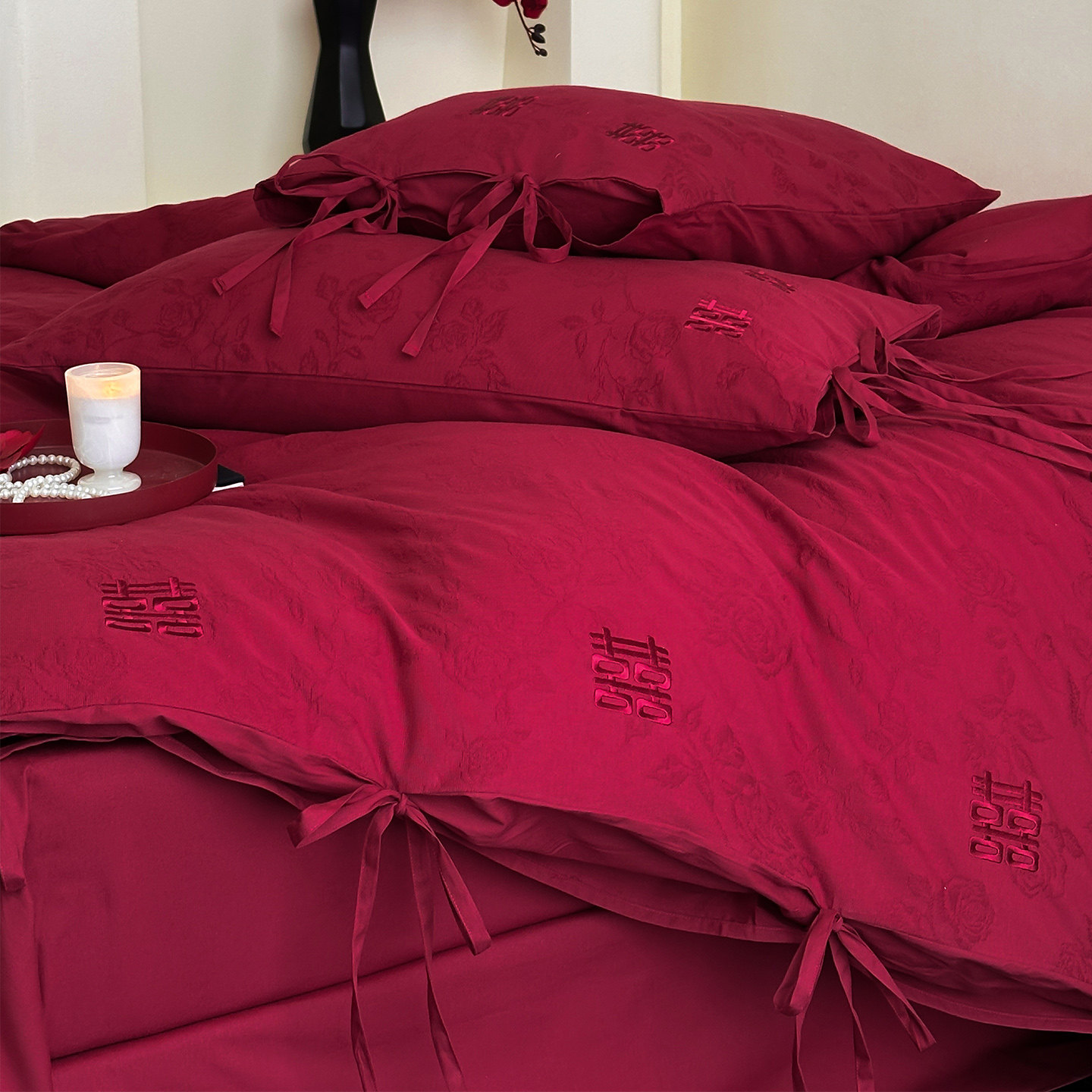 LANSWAY双喜刺绣婚庆四件套全棉水洗棉提花结婚红色2米被套床单,床上用品,婚庆床品套件,淘宝优惠券,粉丝福利购,淘宝优惠卷