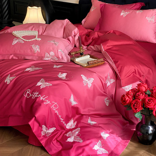 LANSWAY渐变色蝴蝶刺绣全棉婚庆四件套红色结婚被套床单1.8米床笠