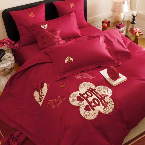 送抱枕双喜婚庆四件套全棉锦鲤刺绣红色结婚纯棉被套床单1.8床笠