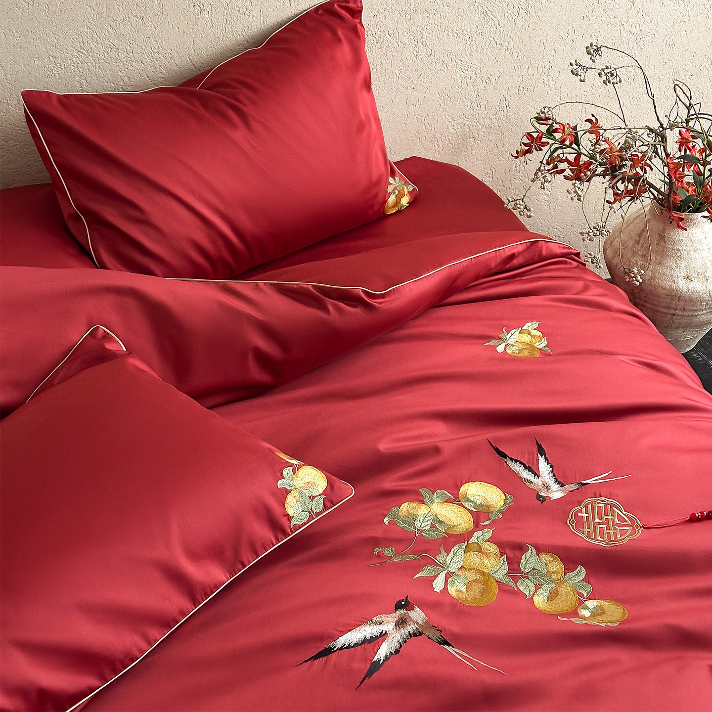 LANSWAY鹊喜刺绣全棉新婚庆四件套喜庆红色结婚被套床单1.8米床笠,床上用品,婚庆床品套件,淘宝优惠券,粉丝福利购,淘宝优惠卷