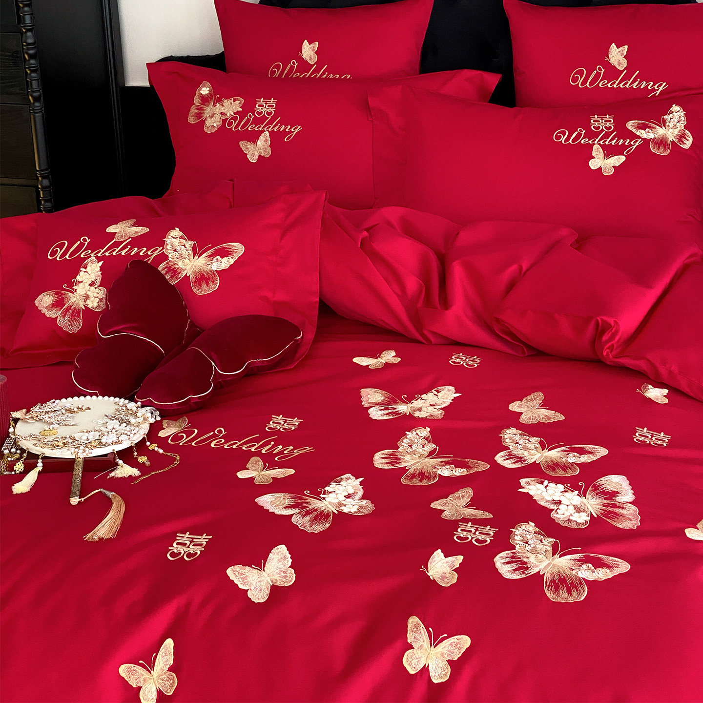 LANSWAY金蝶双喜婚庆四件套长绒棉刺绣红色结婚被套陪嫁床单1.8笠,床上用品,婚庆床品套件,淘宝优惠券,粉丝福利购,淘宝优惠卷