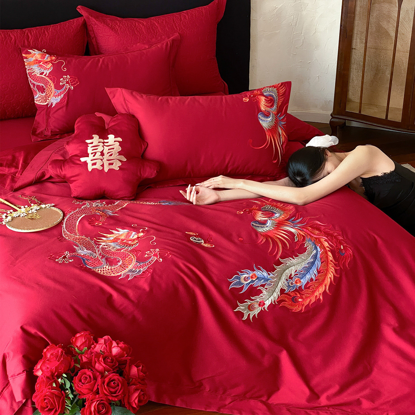 LANSWAY中式重工龙凤刺绣新婚庆四件套纯棉红色婚房喜被结婚床品
