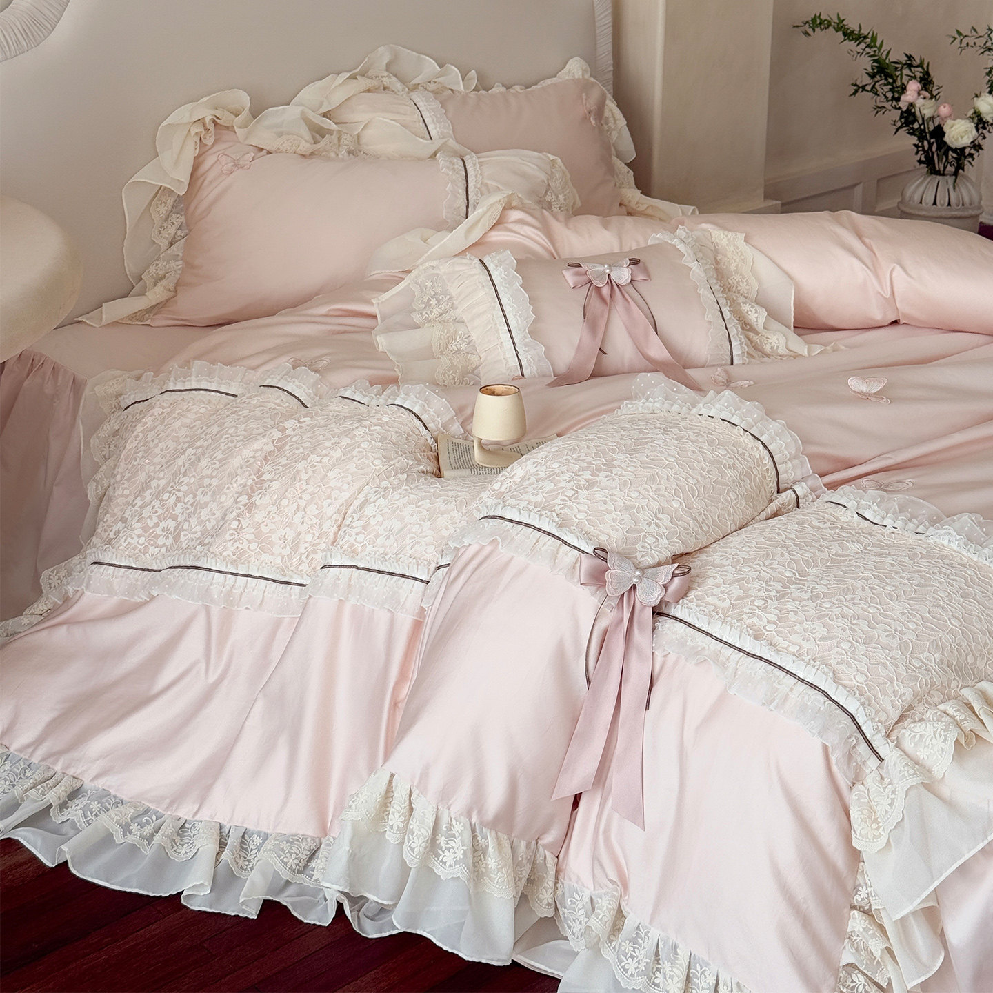 LANSWAY法式蔷薇全棉立体蝴蝶结花边被套少女心长绒棉床单四件套