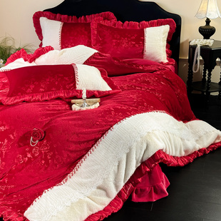 LANSWAY欧式 花边红色结婚被套床单床品 轻奢提花牛奶绒四件套冬季