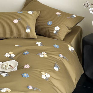 LANSWAY春季新品毛巾绣被套水洗长绒棉绗缝枕套全棉床单1.8四件套