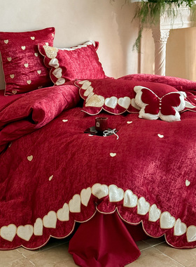 法式浪漫柔丝棉婚庆四件套爱心贴布绣光泽红色结婚被套床单床笠