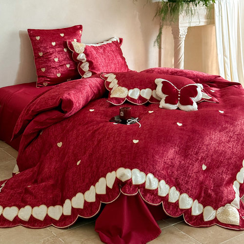 法式浪漫柔丝棉婚庆四件套爱心贴布绣光泽红色结婚被套床单床笠