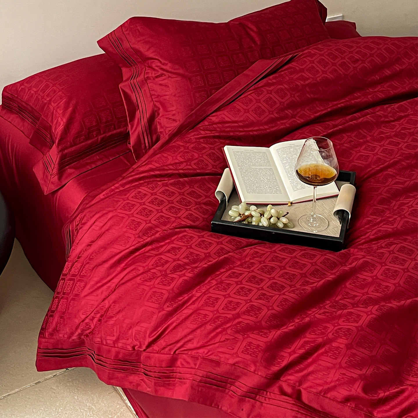 LANSWAY百喜字提花婚庆四件套全棉新品长绒棉红色结婚被套床单笠,床上用品,婚庆床品套件,淘宝优惠券,粉丝福利购,淘宝优惠卷