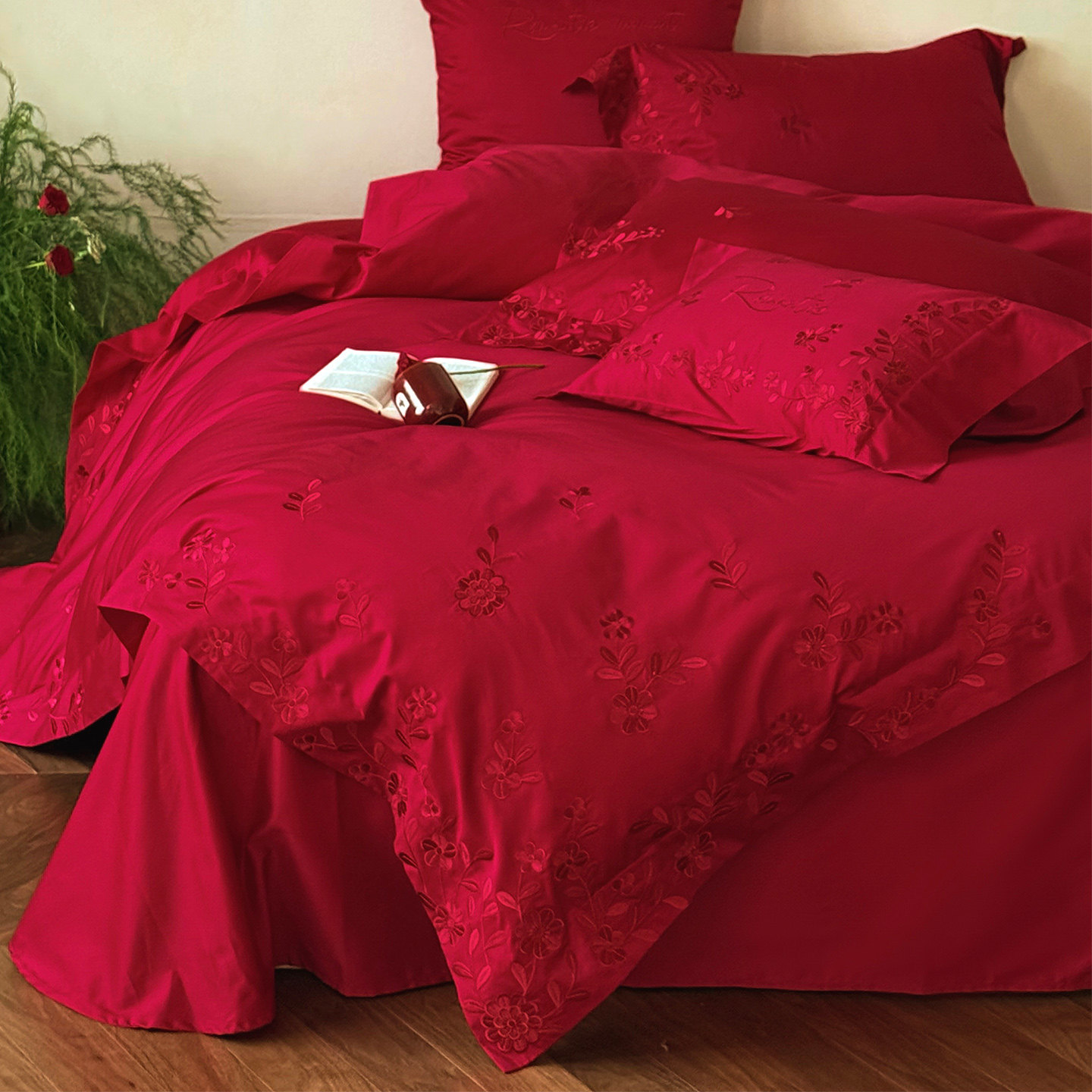 LANSWAY春天全棉绣花婚庆四件套纯棉红色陪嫁结婚被套床单1.8床笠