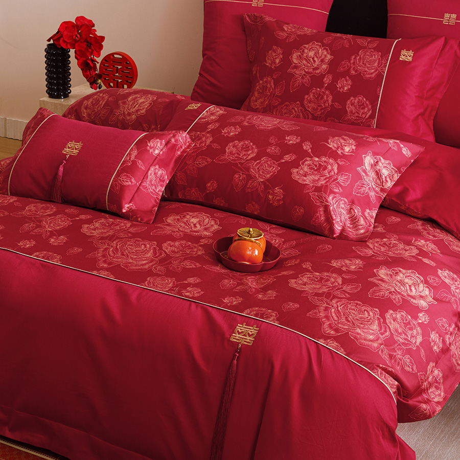 喜彩盈数码印花婚庆四件套全棉流苏双喜刺绣红色结婚被套床单床笠