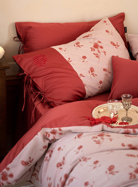 简约中式全棉色织婚庆四件套全棉60支红色喜字结婚被套床单床品