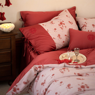 简约中式 全棉色织婚庆四件套全棉60支红色喜字结婚被套床单床品