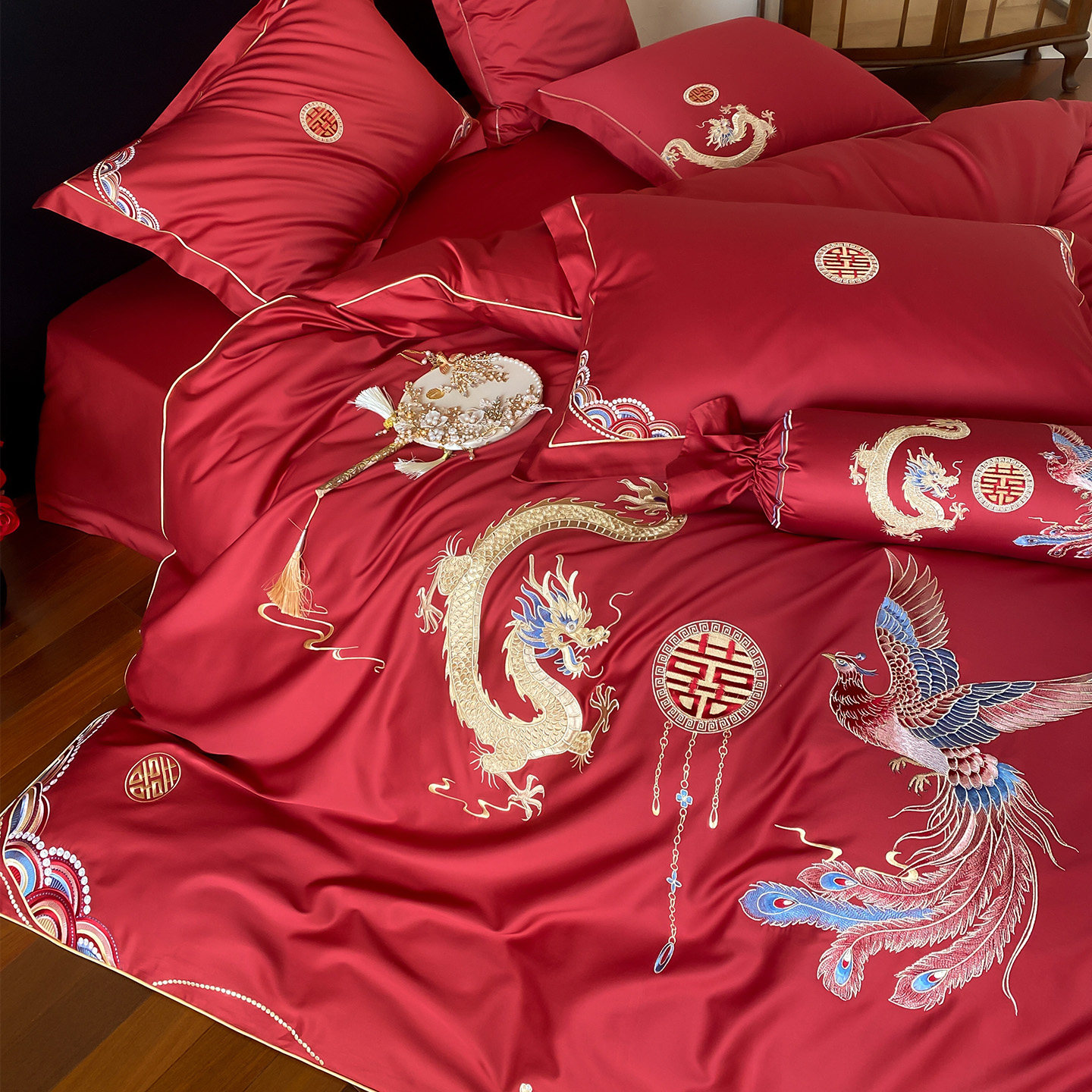 LANSWAY龙凤刺绣中式婚庆四件套纯棉红色喜字结婚被套床单1.8床笠