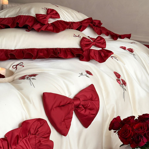 法式花边被套结婚四件套全棉玫瑰刺绣蝴蝶结婚庆床单1.8床上用品