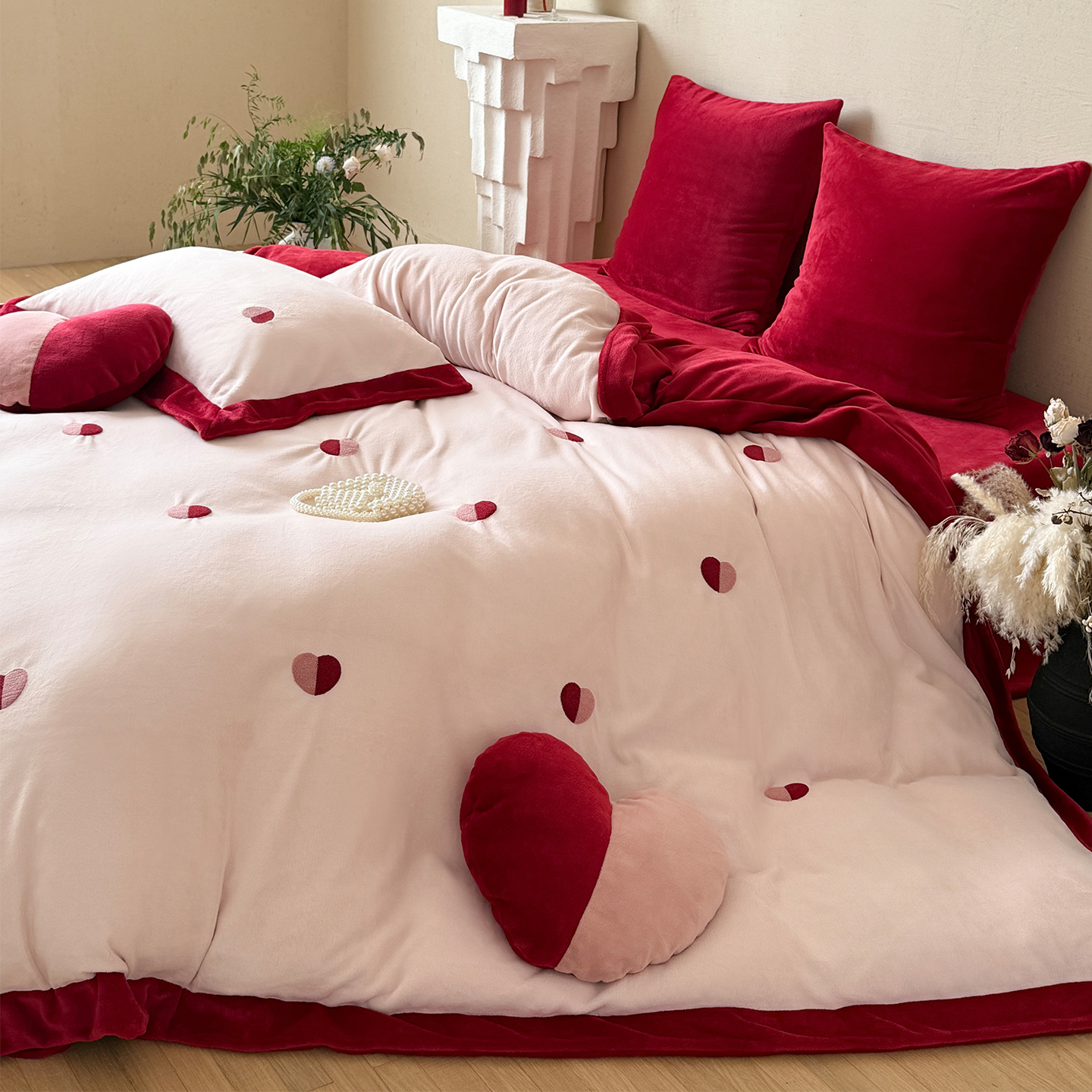 LANSWAY心相印韩风牛奶绒婚庆四件套冬季保暖红色结婚被套床单盖
