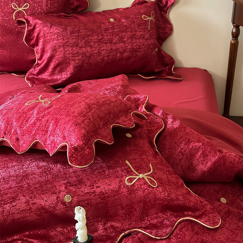 春夏新品轻奢婚庆四件套刺绣柔丝棉提花红色结婚被套亲肤床单床笠