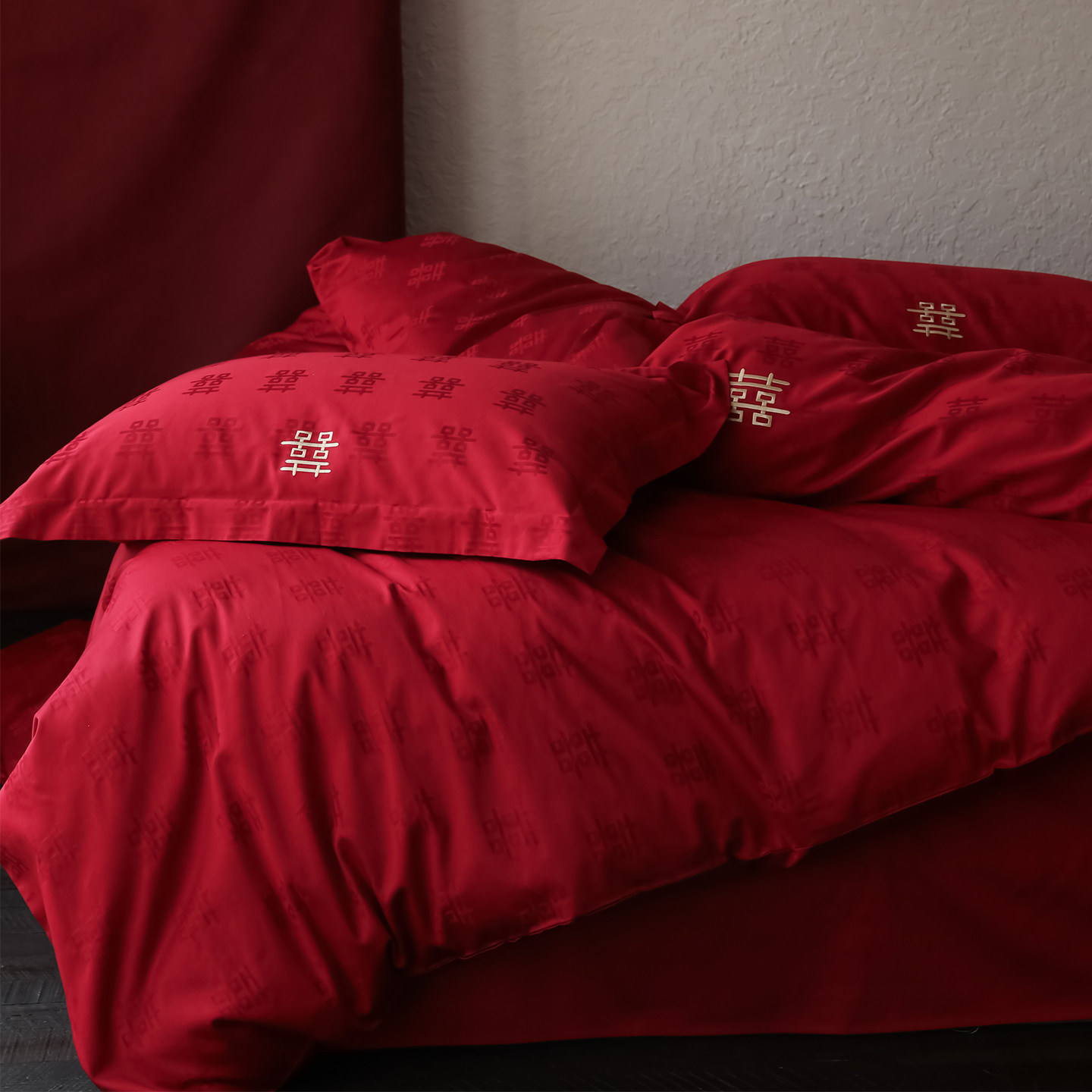LANSWAY中式喜字提花婚庆四件套全棉刺绣红色结婚被套床单2米床品