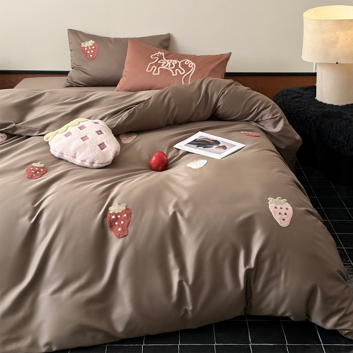 LANSWAY草莓毛巾绣四件套全棉春夏新品100S长绒棉亲肤被套床单1.8