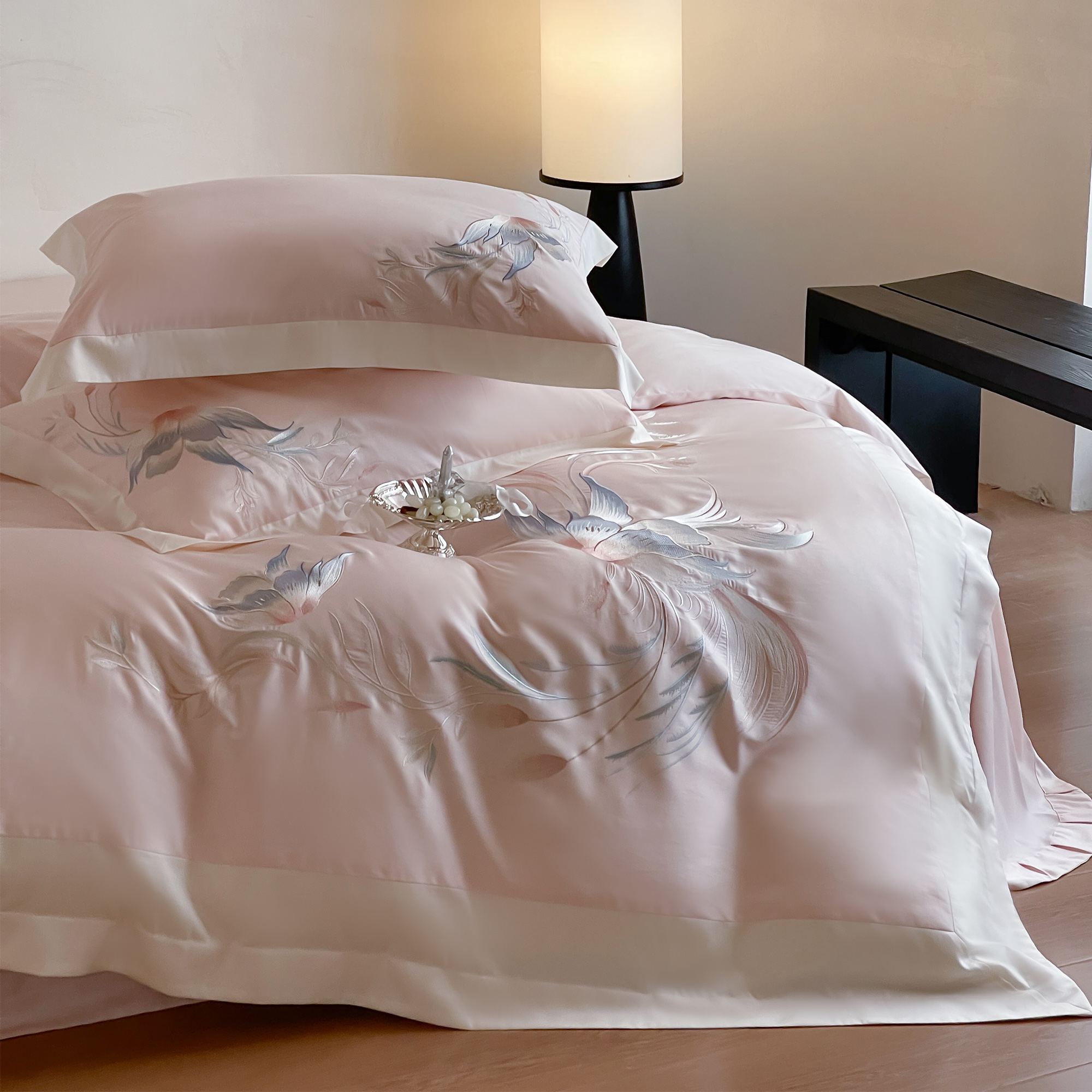 新古典全棉绣花床上四件套长绒棉亲肤顺滑2米被套纯棉1米8床单