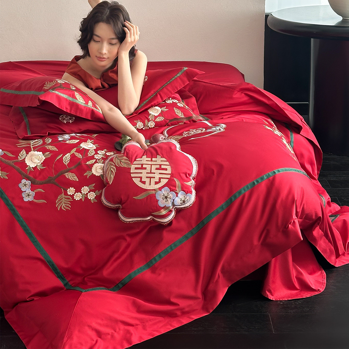 LANSWAY新中式花鸟婚庆四件套1.8床笠全棉刺绣红绿双色结婚被套