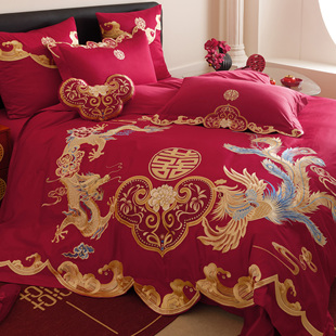 高档中式 龙凤刺绣婚庆四件套全棉大红色传统婚礼被套床单床上用品