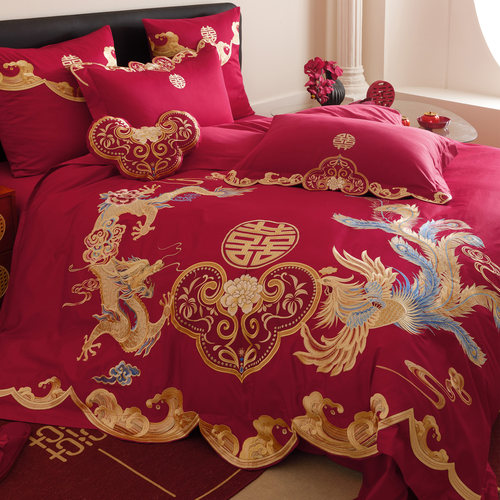 高档中式龙凤刺绣婚庆四件套全棉大红色传统婚礼被套床单床上用品
