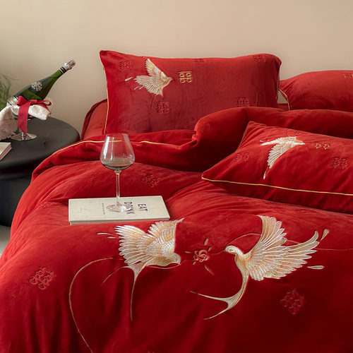 冬季牛奶绒婚庆四件套保暖喜鹊花鸟双喜刺绣红色结婚被套床单床笠