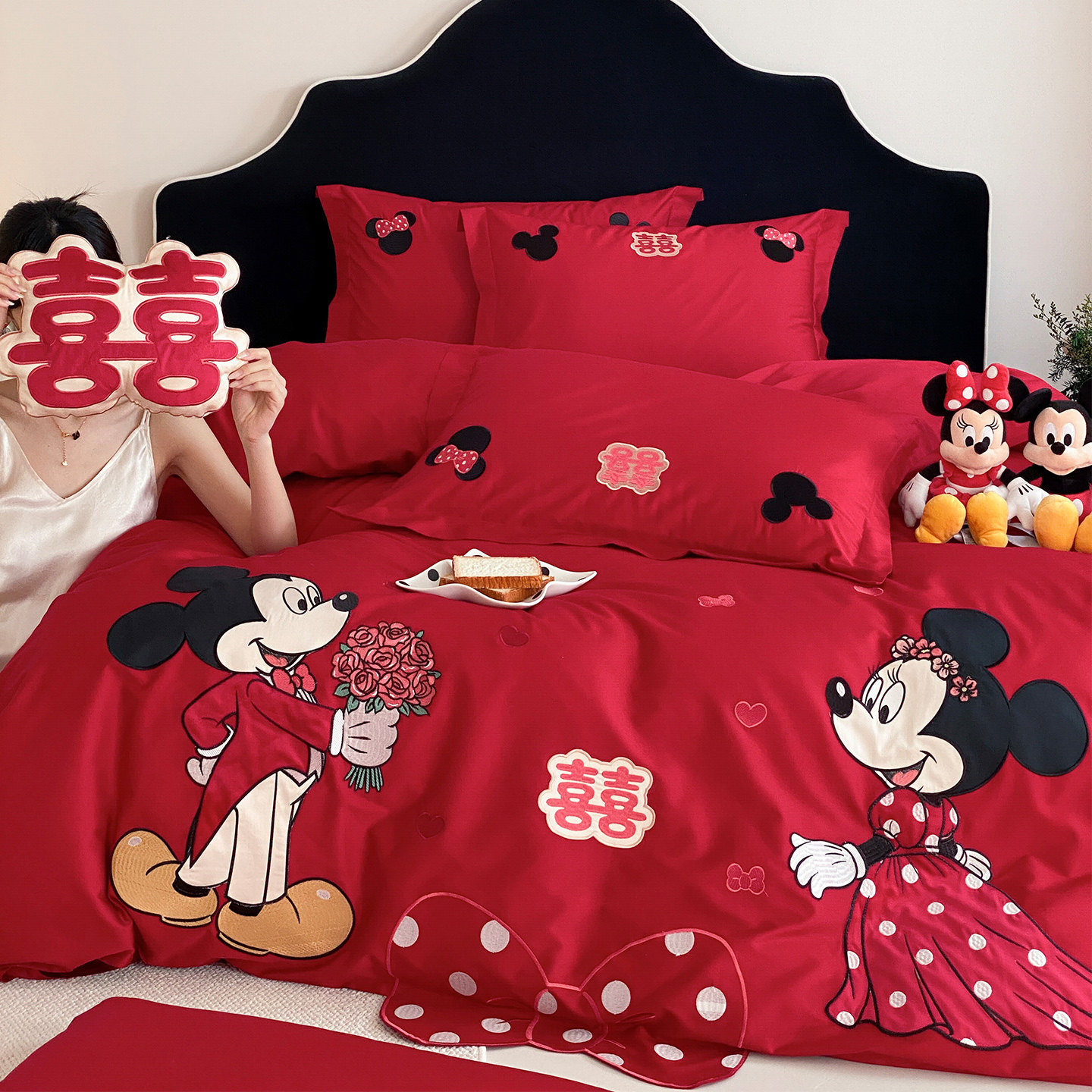 LANSWAY正版授权米老鼠婚庆四件套红色全棉刺绣喜庆结婚被套床单,床上用品,婚庆床品套件,淘宝优惠券,粉丝福利购,淘宝优惠卷