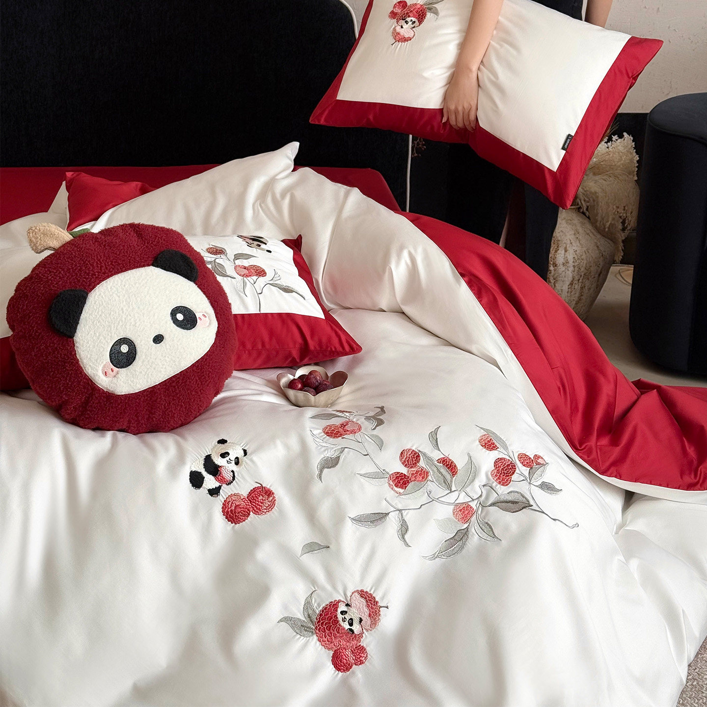 LANSWAY春夏新品长绒棉熊猫刺绣被套红色床单喜庆结婚床上四件套,床上用品,婚庆床品套件,淘宝优惠券,粉丝福利购,淘宝优惠卷
